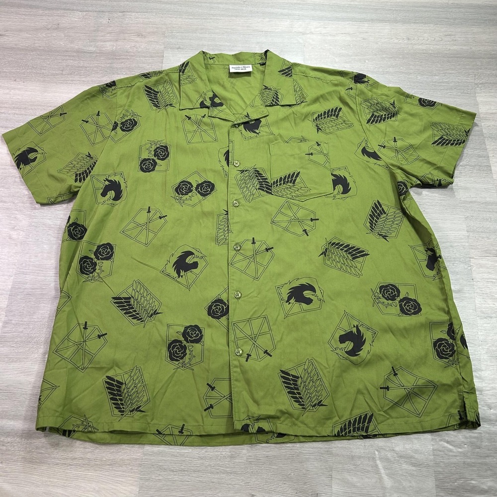 Attack On Titan Shirt Mens 2XL Green Final Season Anime Short Sleeve Button Up